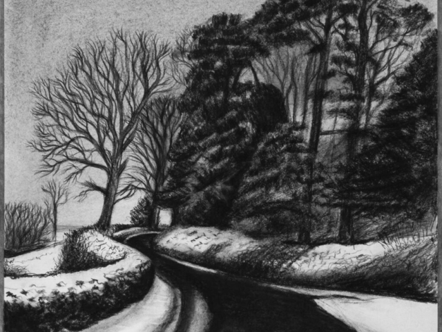Snow on Motcombe Hollow, charcoal & conte, private collection