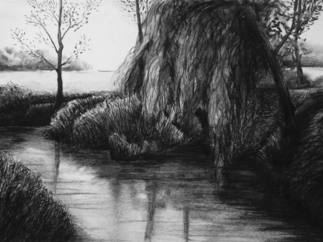 River Stour backwaters, charcoal, private collection
