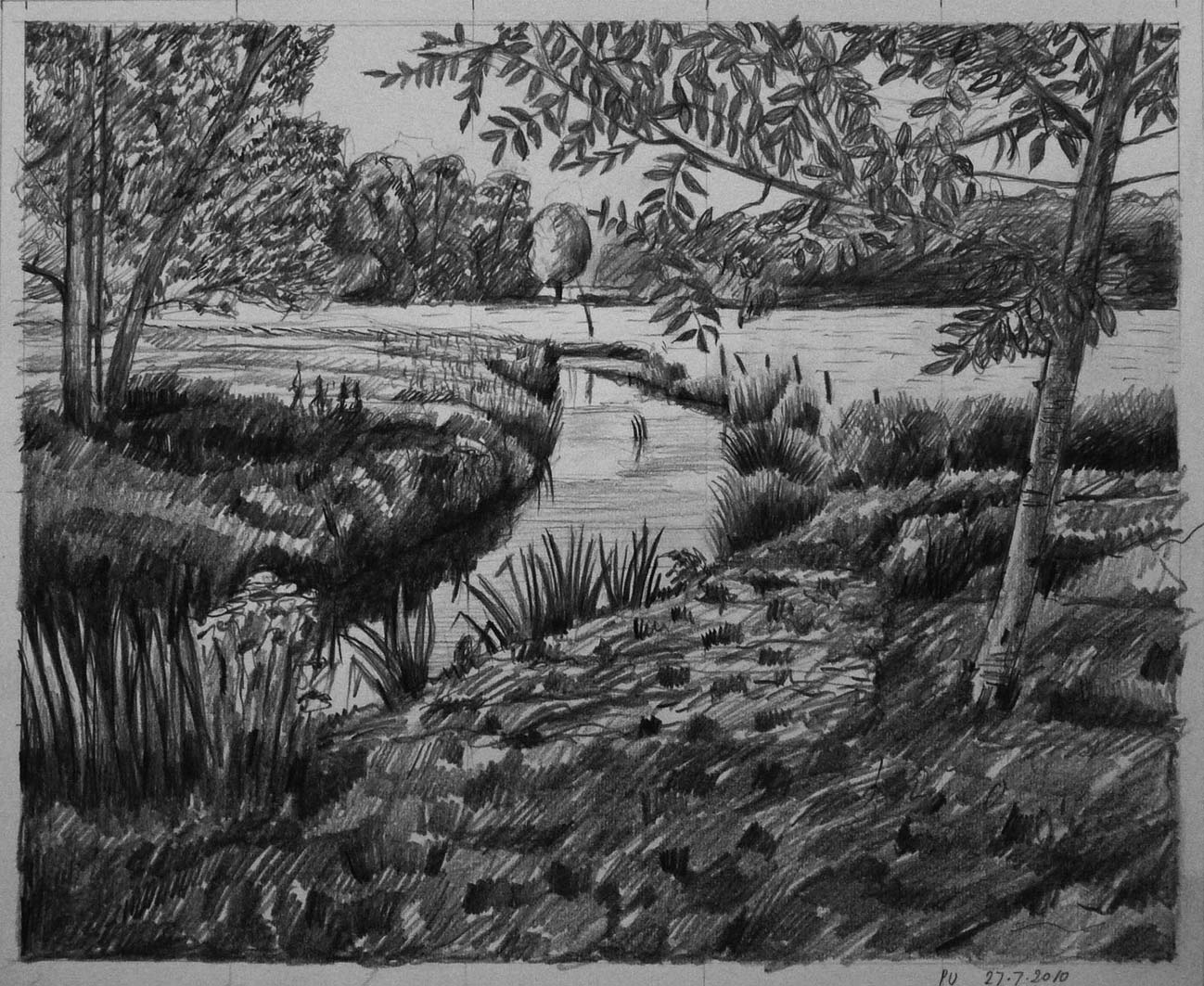 River and small Tree, pencil, design drawing for lino print