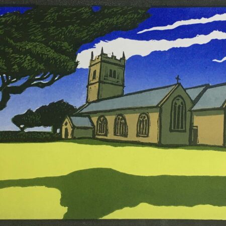 Lino print of St Endellion Church, the finished print