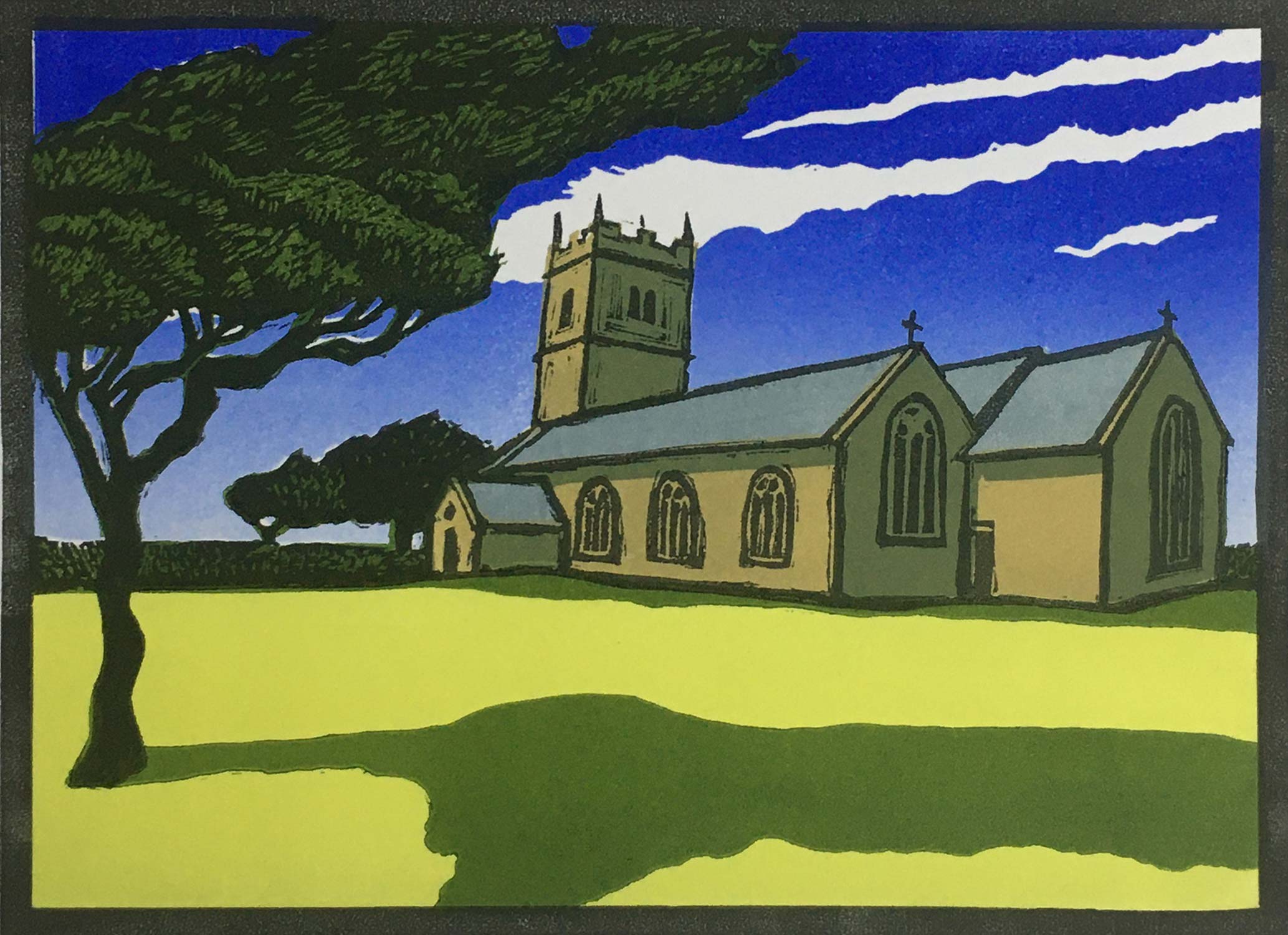 Lino print of St Endellion Church, the finished print