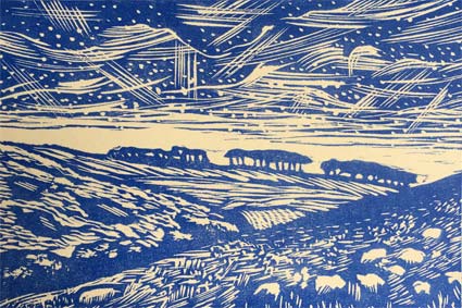 Set of 4 original lino print cards (Dartmoor Landscape 1)